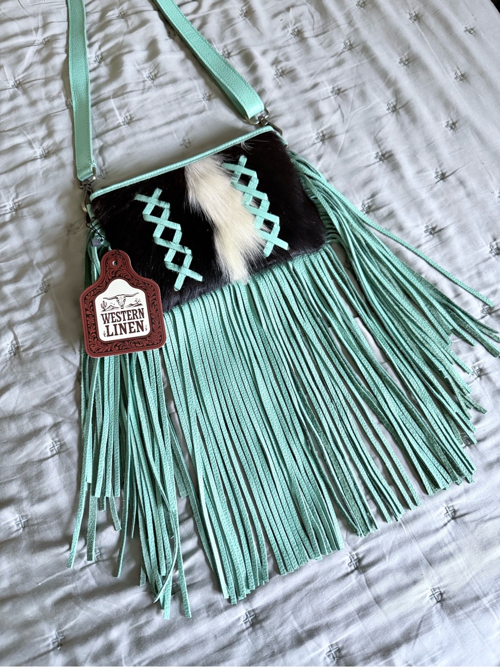 Turquoise Fringe Crossbody Haircalf Leather Festival Cowgirl Crossbody Bag - Picture 4 of 8